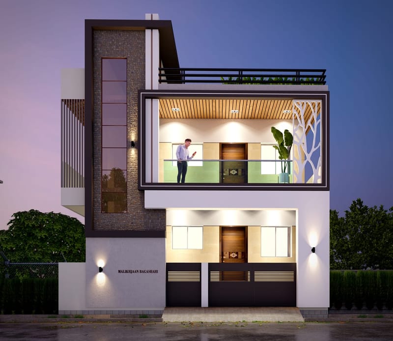 Bagshashi House, Sahyadri Nagar — architectural rendering of the front elevation at dusk, a two-storey home with a lit first-floor balcony, timber-lined soffit, decorative screen panel and a stone-clad vertical window bay.