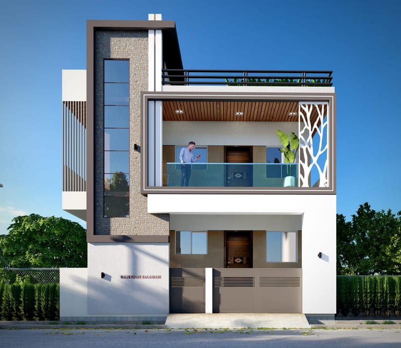 Bagshashi House, Sahyadri Nagar — daytime rendering of the same elevation, showing the framed balcony, stone-clad bay, roof terrace railing and street boundary wall.