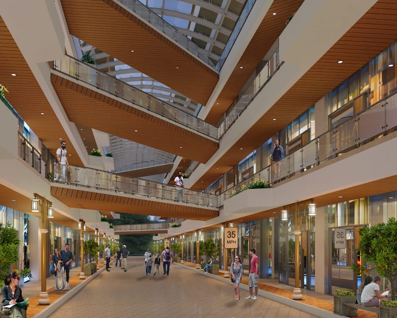 City Central Mall — architectural rendering of the internal shopping street, with a glazed roof, timber-lined soffits, glass-balustraded galleries on three levels and shoppers below.