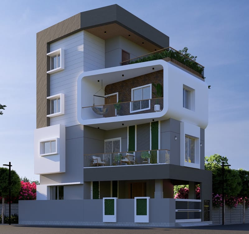 JP House, Vantamuri Colony — architectural rendering of the corner elevation, a three-storey home in grey and white with a rounded white balcony frame over a brick-faced recess and a planted roof terrace.