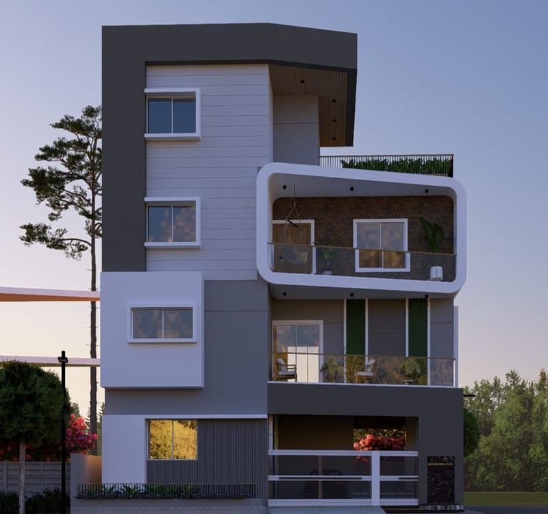 JP House, Vantamuri Colony — architectural rendering of the front elevation, showing the stacked window openings, the rounded balcony frame and the recessed entrance at ground level.