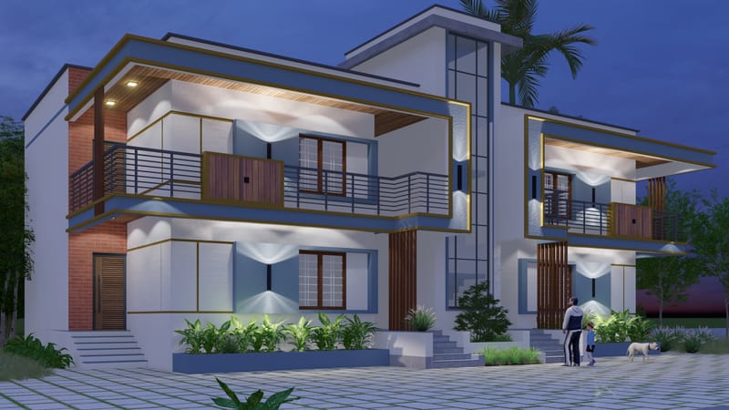 Shanedivan Houses — architectural rendering of two adjoining two-storey homes at dusk, with lit balconies and a full-height glazed stair tower.