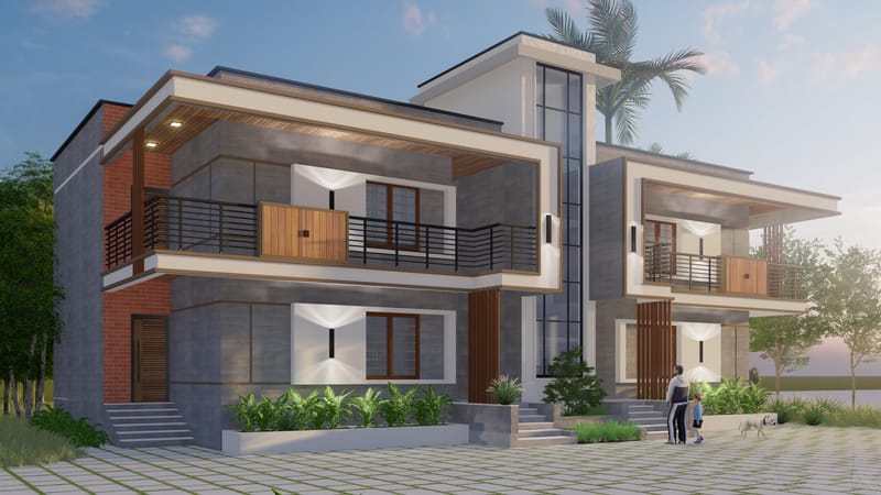 Shanedivan Houses — daytime rendering of the same pair of homes, showing the projecting balconies, exposed concrete finish and planted forecourt.
